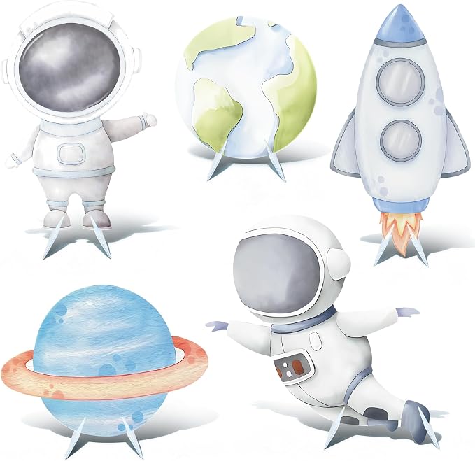 5 Pcs Outer Space Baby Shower Decorations, Astronaut Rocket Planet Earth Cardboard Cutouts Standups, Space Themed Photo Booth Props Signs for Kids Birthday Party Outdoor Yard Lawn Decor