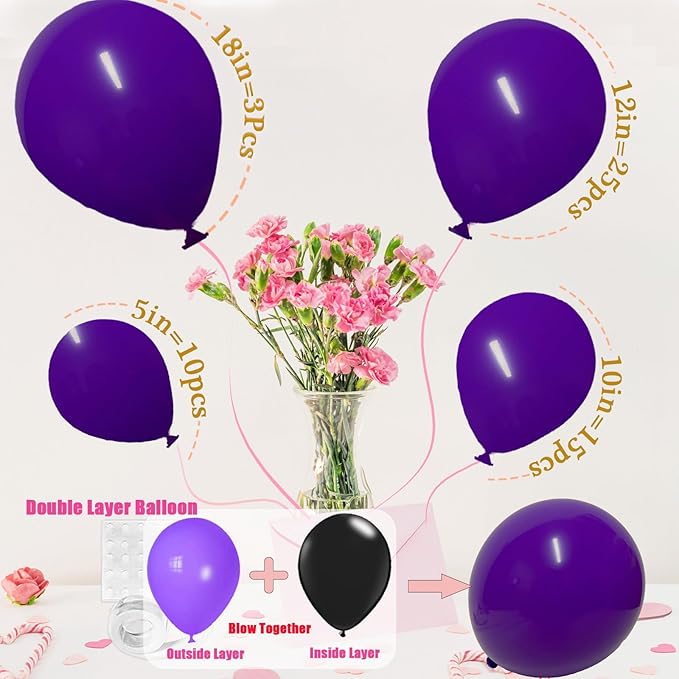 Dark Purple Balloons Different Sizes, 18 12 10 5 Inch Double Stuffed Royal Purple Balloons, Dark Purple Balloon Arch for Boho Party, Baby Shower, Birthday, Weddings (RoyalPurple）