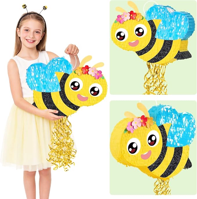 WERNNSAI Bee Piñata - Happy First Bee Day Decorations Cute Piñata with Blindfold and Bat for Kids Birthday Classroom Garden Party Game Supplies Baby Shower Spring theme Party Decorations