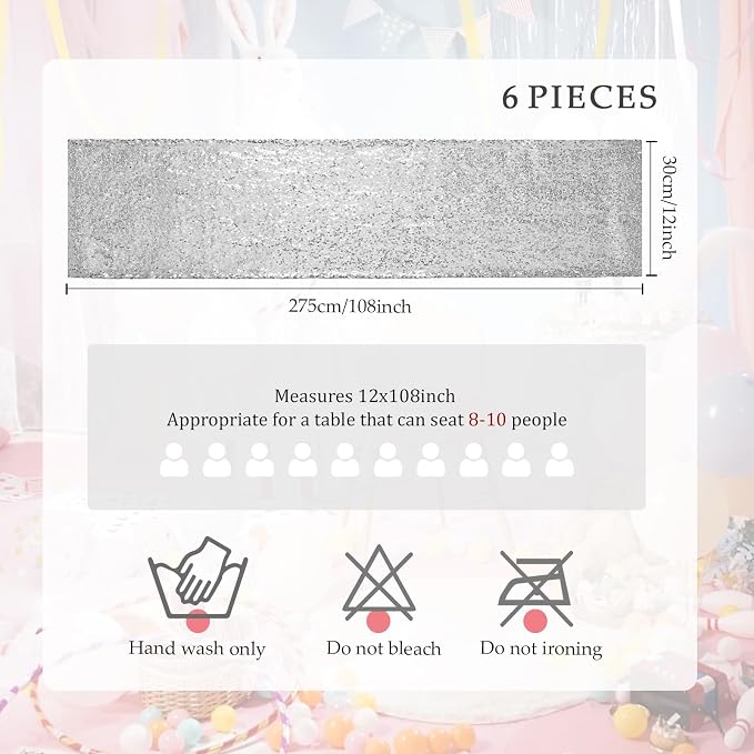 54 Pieces of Silver Sequin Chair Ribbons and Table Runners, 48 Sequin Chair Bows, 6 Glitter Table Runners, Suitable for Wedding Parties Birthday Meeting Events Decorations (Silver)