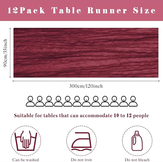 10FT 6 Pcs Burgundy Cheesecloth Table Runner Gauze Fabric Boho Cheese Cloth Table Runner Rustic Semi Sheer Runner for Wedding Holiday Bridal Shower Birthday Party Table Decor (35 x 120 Inches Long)