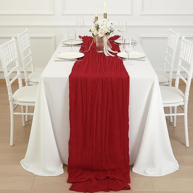 3 Pack Red Cheesecloth Table Runner 120 Inch 10FT Cheese Cloth Fabric Runners for Banquet, Valentine's Day, Independence Day, Retro Decoration