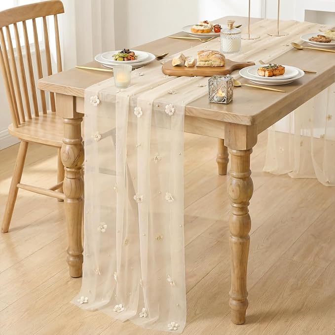 Artoid Mode Flower Pearl Champagne Gauze Table Runner 10FT 6PC, Seasonal Sheer Dining Holiday Wedding Birthday Baby Shower Table Decor for Home Party