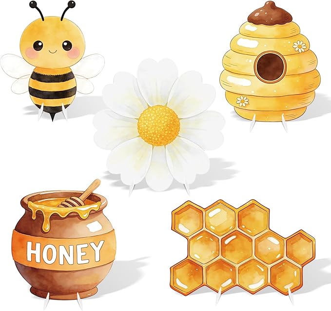 5PCS Bee Party Decorations, What Will Baby Bee Gender Reveal Decorations, Corrugated Plastic Honeybee Cardboard Cutouts for First Bee Day Birthday Party Baby Shower Photo Props Centerpieces