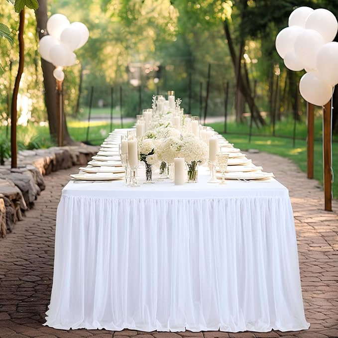 6 Pack White Tulle Tablecloth Table Skirt for 6 Foot Rectangle Tables, Wedding Table Cloths Ruffle Tutu Table Skirt Stretch Fitted Table Covers for Parties Birthdays Baby Shower Celebration Banquet