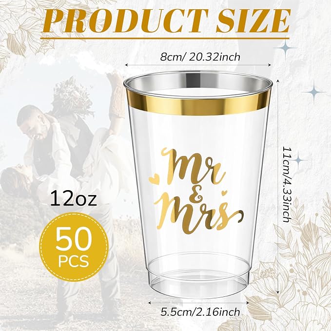 Shinymoon 50 Pack Mr and Mrs Party Supplies 12 oz Wedding Cups Bridal Shower Gifts for Couples Disposable Clear Drinking Glasses for Engagement Anniversary Valentines Party Favors Supplies