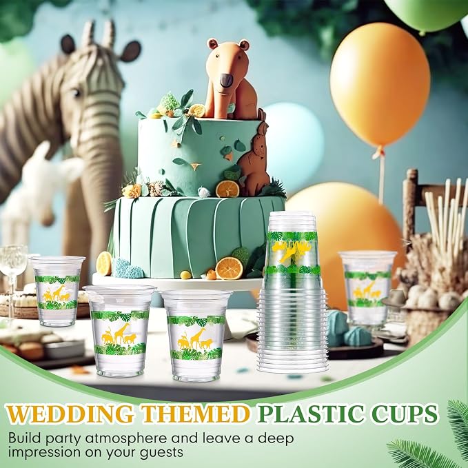 Funnymoom 60 Pack Jungle Safari Animals Cup 12 oz Wild Animals Disposable Clear Plastic Cups for Two Wild Zoo Jungle Safari Themed Birthday Baby Shower Party Decorations Supplies