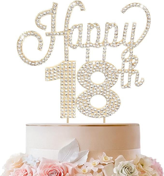 LINGTEER Happy 18th Birthday Gold Rhinestone Cake Topper - Cheers to 18th Birthday Eighteen Years Old Party Cake Centerpieces Topper Decorations Gift Sign.