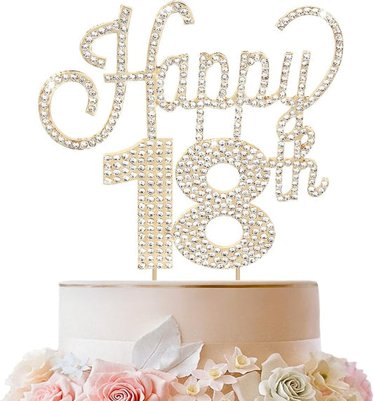 LINGTEER Happy 18th Birthday Gold Rhinestone Cake Topper - Cheers to 18th Birthday Eighteen Years Old Party Cake Centerpieces Topper Decorations Gift Sign.