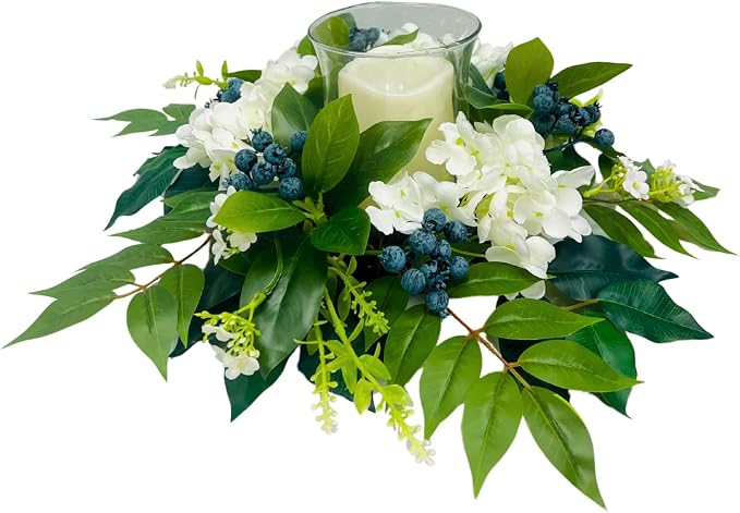 All Season Floral Arrangement Centerpiece for Table Glass Candle Holders with Artificial Hydrangea Flowers Blueberry Eucalyptus Leaves for Dining Room Indoor Outdoor Home Decor