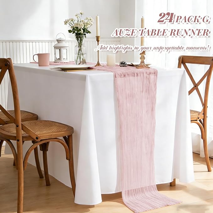 24 Pack Dusty Pink Cheesecloth Table Runner,Table Runner Long Romantic Semi Sheer Rustic Boho Gauze Table Runners for Wedding Bridal Shower Birthday Party Decorations(17.7×108 Inch)