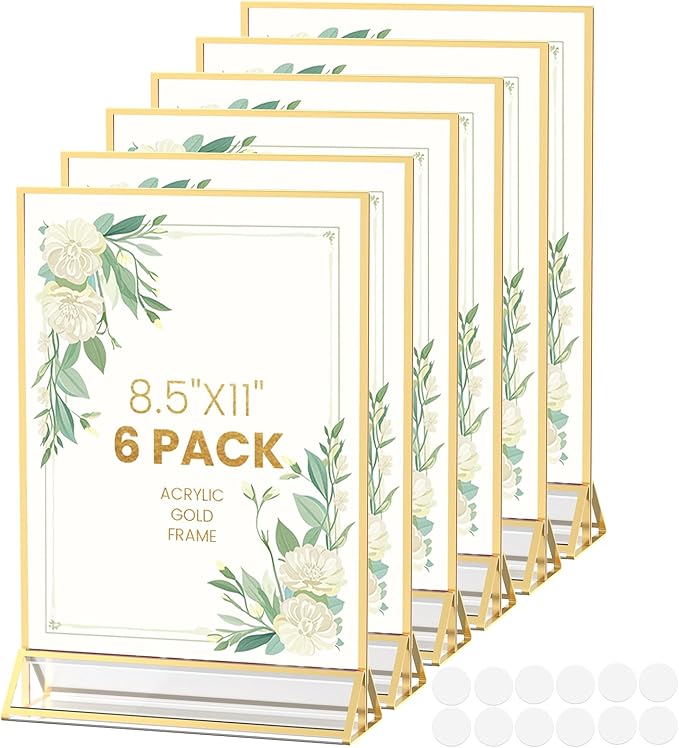 Acrylic Sign Holder 8.5X11 Gold Frames Double-Sided Gold Picture Frames for Flyer Holder Menu Holder Wedding Table Number Holder Christmas Photo Frame with Removable Sticky Dots -6 Pack