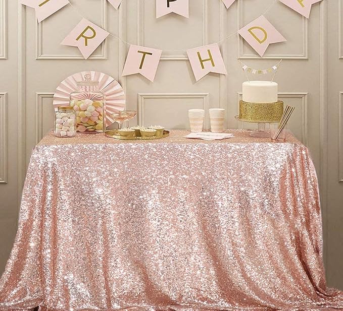 Juya Delight 90" x 156" Rose Gold Rectangular‌ Sequin Tablecloth for Wedding Birthday Party Festival Ceremony Cake Dessert Table