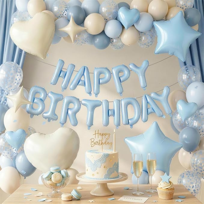 Dusty Blue Birthday Decorations for Boys Fog Baby Light Baby Blue Sand White Balloons Confetti Party Balloon Happy Birthday Banner Heart Balloons 18/10 Inch Star Balloon for Men Bday Party Supplies