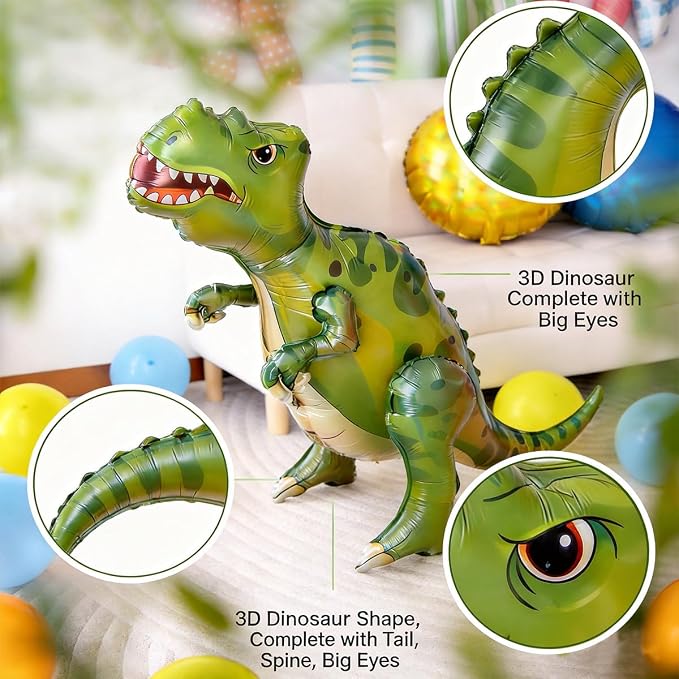 60 PCS Dinosaur Happy Birthday Foil Balloon Decoration Kit, T-Rex, Triceratops, Ankylosaurus Assembleable Inflatable Standing Mylar Balloons with Birthday Banner for Kids Boys Party Decor