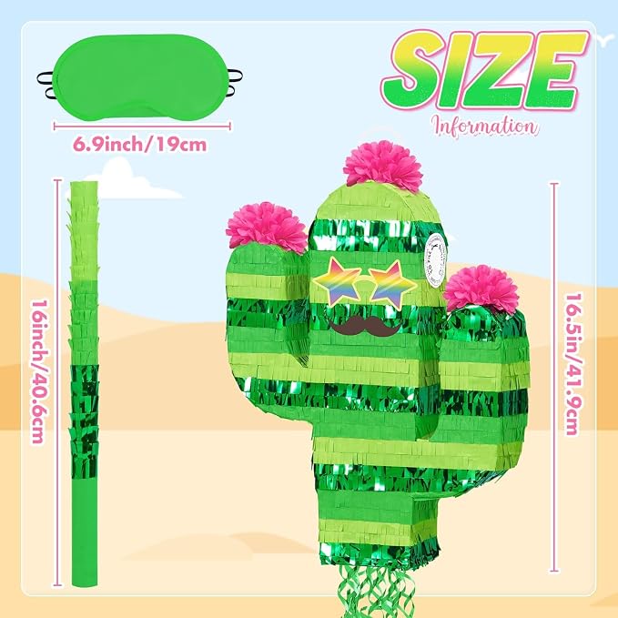 WERNNSAI Cinco De Mayo Cactus Piñata - Mexican Party Decorations Pull String Piñata Bundle with Blindfold and Bat Mexican Piñata for Fiesta Party Decorations Luau Event Carnivals Festivals Supplies