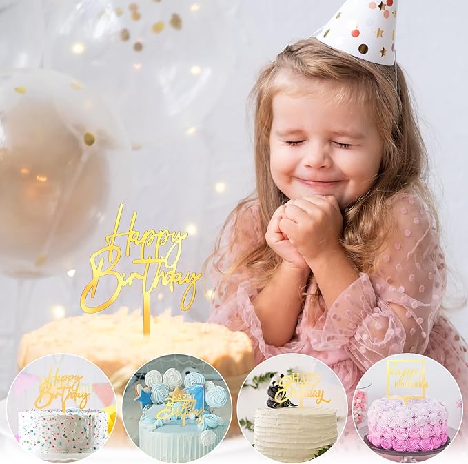 150 Pcs Happy Birthday Cake Toppers Acrylic Cake Topper Glitter Birthday Cake Decorations Double Sided for Adults Various Cake Decoration Party Supplies(Gold,Brief)