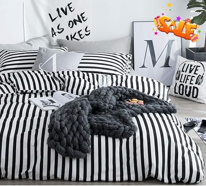 KAREVER White Black Stripes Comforter Set King Women Bedding Set Soft Durable White Striated Bedding Set