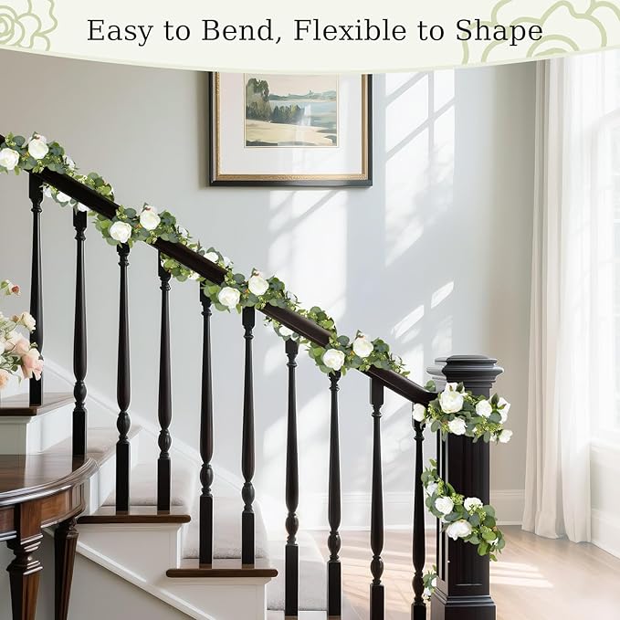 Lewondr Artificial Eucalyptus Garland with Flower - 8 Rose 8 Peony, 2Pcs 13FT Faux Floral Greenery Garlands Fake Flowers Vines, Maintenance-Free for Table Shelf Backdrop Party Room Decor, White