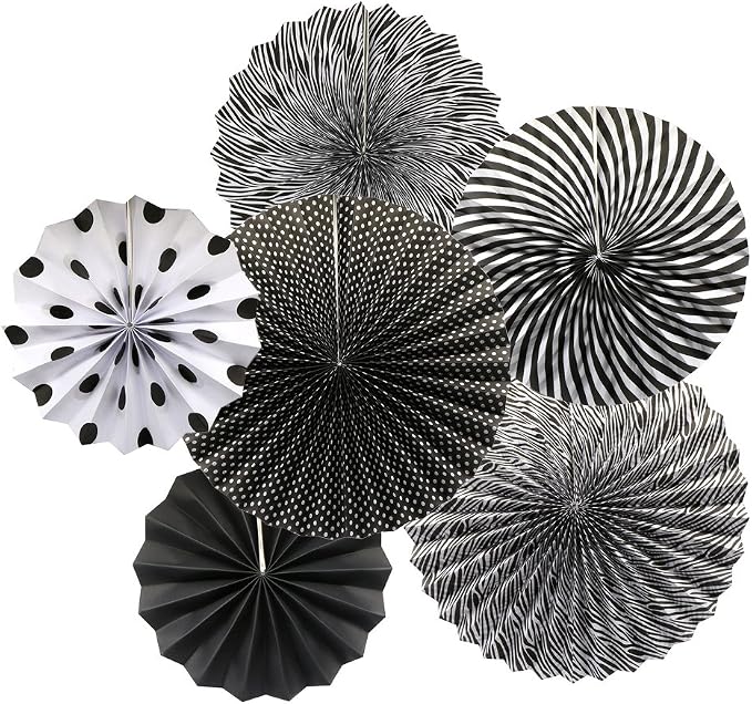 Party Hanging Paper Fans Set, Black Round Pattern Paper Garlands Decoration for Birthday Wedding Graduation Events Accessories, Set of 6