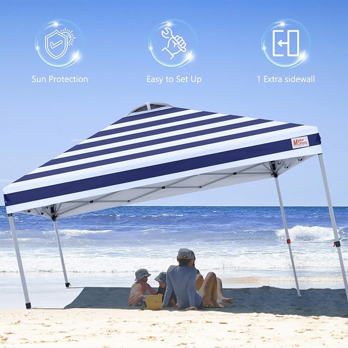 MASTERCANOPY 10x10 Pop Up Canopy Tent with 1 Sidewall, 1 Person Setup Instant Shelter, Outdoor Portable Beach Canopy, 1 Roller Bag, 4 Sandbags, 4 Ropes, 8 Stakes (10x10, Navy Blue Stripes)