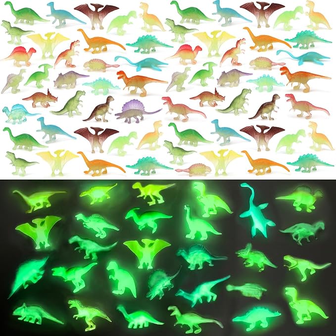 SAYAYA 200 Pieces Glow in The Dark Dinosaur Figures Bulk Small Luminous Plastic Dinosaur Cupcake Toppers Birthday Party Favors Supplies Goody Bag Filler Classroom Prizes