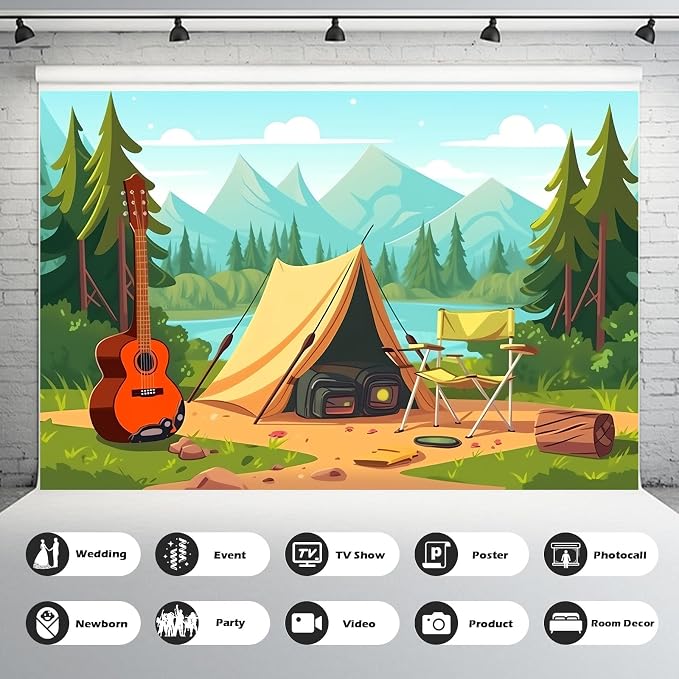 Cartoon Camping Backdrop Mountain Forest Lake Scenery Outdoor Campfire Photography Background Camper Tent Theme Birthday Party Backdrop Climbing Hiking Sign Guitar Backpacks Background 5x4ft