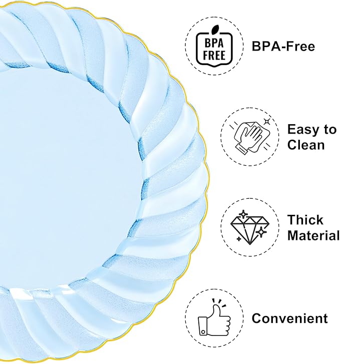 YOUBET 125PCS Clear Blue Gold Plastic Plates - Blue Disposable Plates With Gold Rim Include 25 Dinner Plates 25 Dessert Plates 75 Golden Silverwares for Wedding Birthday & Parties