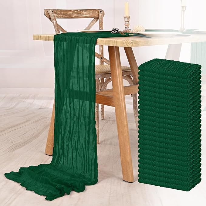 24 Pack Dark Green Cheesecloth Table Runner 10FT Boho Gauze Cheese Cloth Table Runner Rustic Sheer Fabric Table Runners for Wedding Bridal Shower Baby Shower Party(21.5×120 Inch)