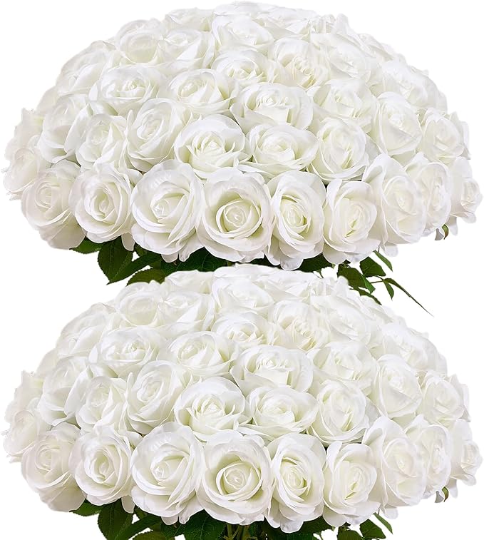 60 Pcs Ivory Fake Roses Artificial Flowers Bulk Realistic Silk Faux Rose with Stems for Wedding Decoration Anniversary Bridal Bouquet DIY Floral Arrangement Romantic Home Decor Gifts