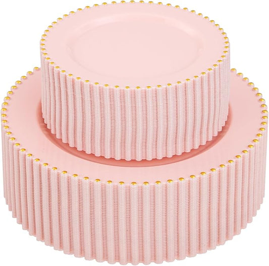 supernal 100pcs Pink Plastic Plates with Gold Beads Plates Disposable Heavy Duty Valentine's Day Decorations Includes 10 inch Dinner Plate and 7 inch Dessert Disposable Plate for Party,Wedding