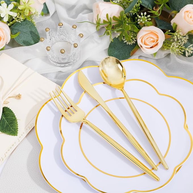 ejonirinjonir EI 180pcs White Plastic Plates with Gold Plastic Silverware,Heavy-Duty Disposable Plates for Party,White Dinnerware Set for 30 Guest Wedding,Afternoon Tea,Spring,Mother's/Valentine's Day