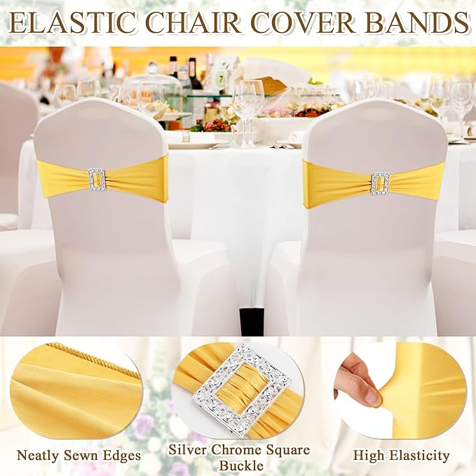 VitalCozy 100 Pcs Spandex Chair Sashes with Square Buckle Slider Stretch Chair Cover Band Universal Elastic Ties Straps Bows for Wedding Banquet Event Party Decoration(Gold)