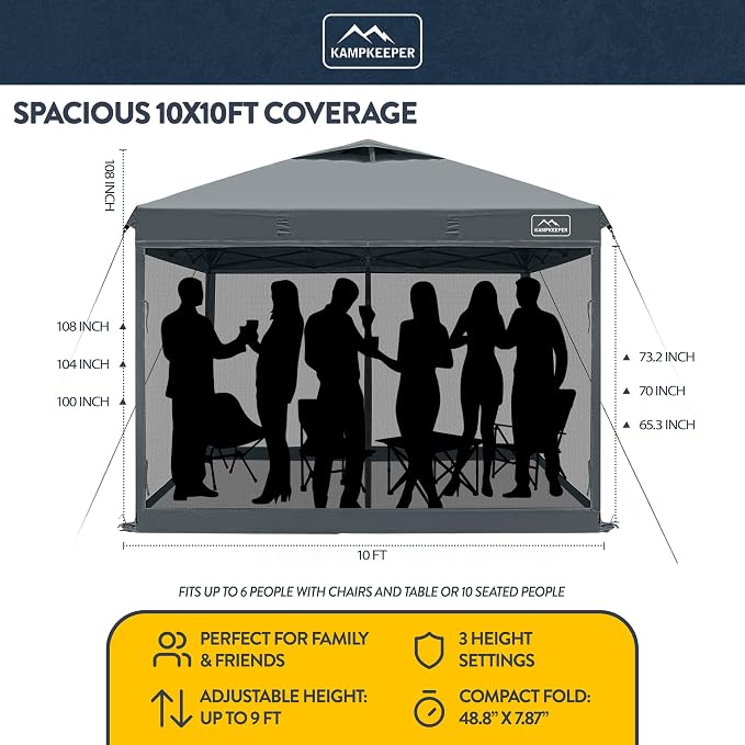 KAMPKEEPER 10x10 Pop-Up Canopy Tent, Waterproof Portable Shade with Screen Walls, Adjustable Instant Outdoor Shelter for Camping, Backyard, and Events, Dark Grey
