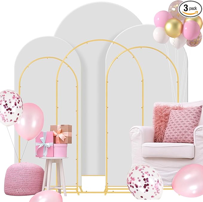 Gawicpy Wedding Arch Backdrop Stand Set Metal Arch Backdrop Stand with Wedding Arch Cover, Wedding Balloon Arch Backdrop Stand for Birthday, Baby Shower, Anniversary (White, 5.9FT+6.6FT+7.2FT)