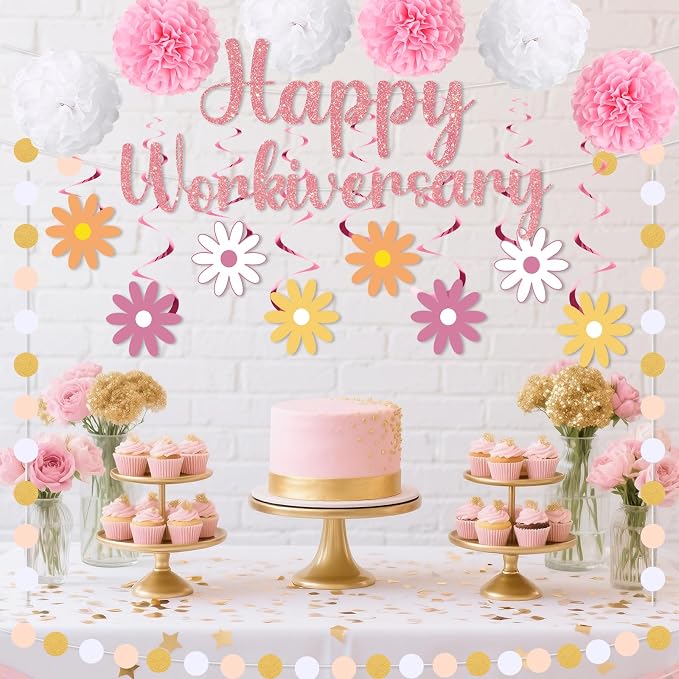 16pcs Happy Work Anniversary Decorations Banner Rose Gold Pink Happy Workiversary Banner Hanging Swirls Circle Dot Garland Pompoms for 10th 25th Work Anniversary Employee Appreciation Decorations