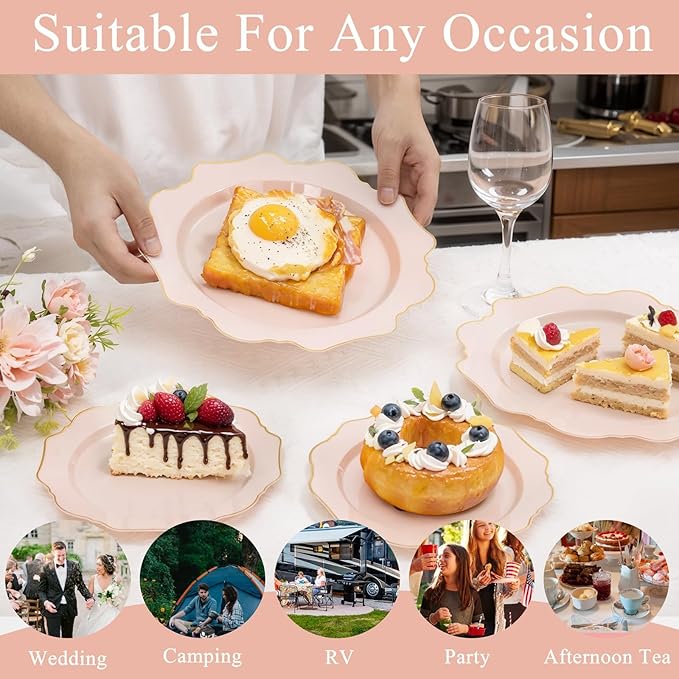 WDF 200PCS Pink Plastic Plates - Pink and Gold Plastic Plates - Include 100 Dinner Plate and 100 Cake Plate for Spring/Wedding/Bridal Shower/Tea party/Mother's Day
