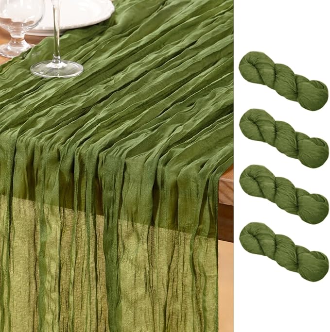 DeZerlor Olive Green Cheesecloth Table Runner 4 Pack Spring Easter Table Runners Boho Gauze 120 Inches Green Cheese Cloth Table Decora for Wedding Bridal Baby Shower Parties