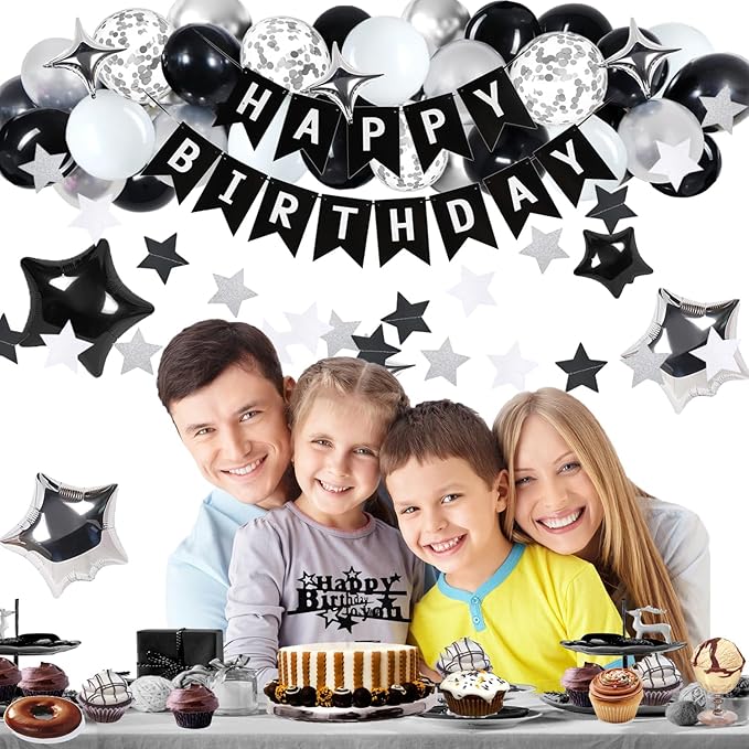 18th Birthday Decorations for Boy Girl, Black White and Silver Happy 18 Party Decor Set with 18 Number Foil Balloons, Banner, Cake Topper for Him Her