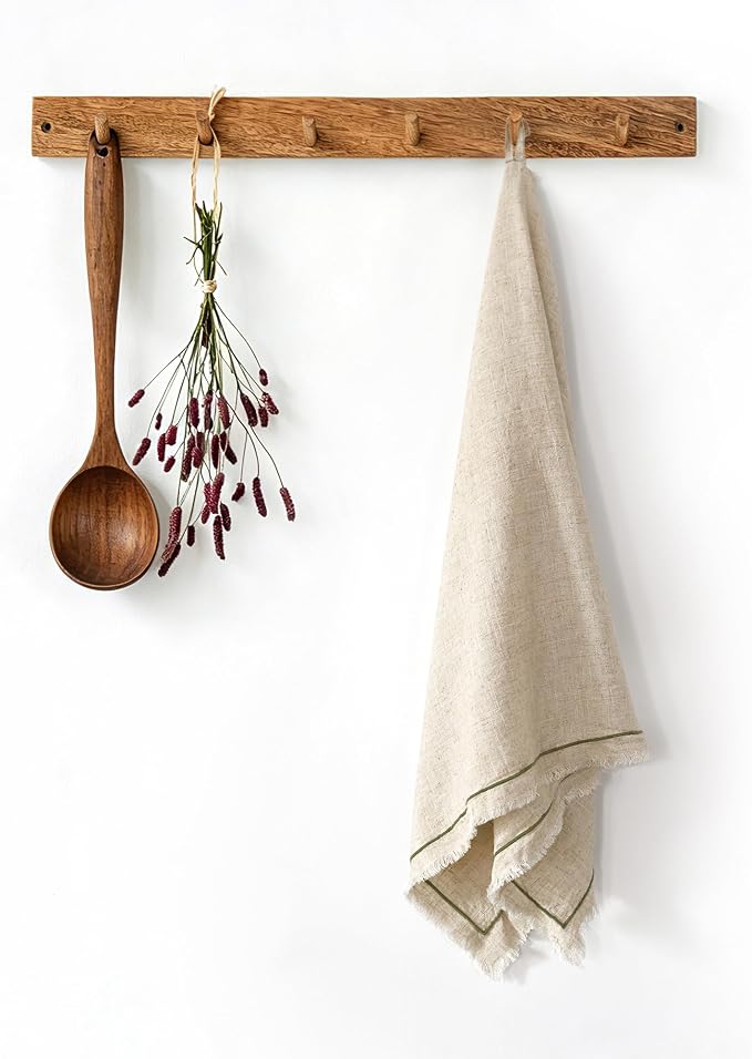 Linen World Dish Towels Set of 4, 20 x 28 Inch Linen Blend Kitchen Towel, Frayed Edge, Embroidered Border, Absorbent Large Tea Towels-Natural