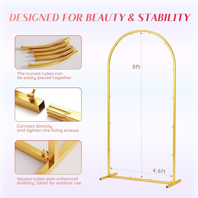 Toolterritary 8 FT Wedding Arch Backdrop Stand, Stable Heavy Duty Metal Wedding Arch Frame for Ceremony, Reinforced Balloon Arch Stand for Birthday Party & Baby Shower, Gold