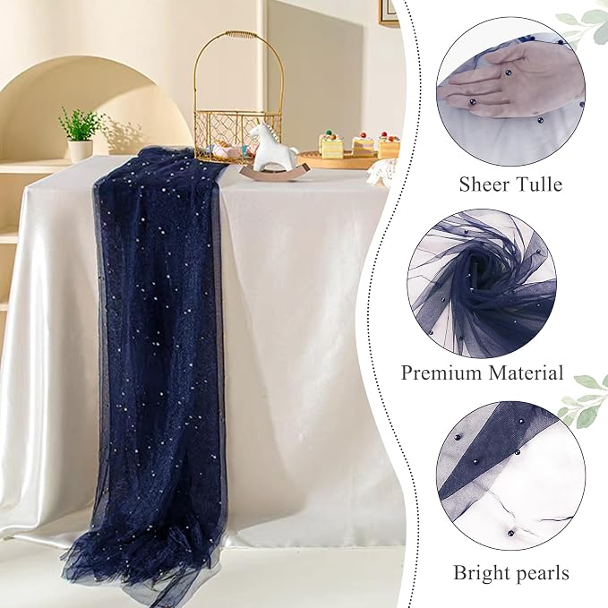 Pearl Table Runner 29 x 120 Inch Tulle Fabric Lace Table Runners for Bridal Shower Birthday Party Wedding Arch Dessert Table Decor(1 Pack, Navy Blue)