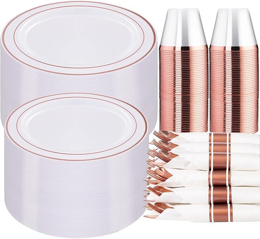 WELLIFE 350 Pieces Rose Gold Plastic Dinnerware, 50 Guests Disposable Plates with Rose Gold silverware and Cups, 50 Pre Rolled Napkins with Cutlery, Perfect for Wedding and Party