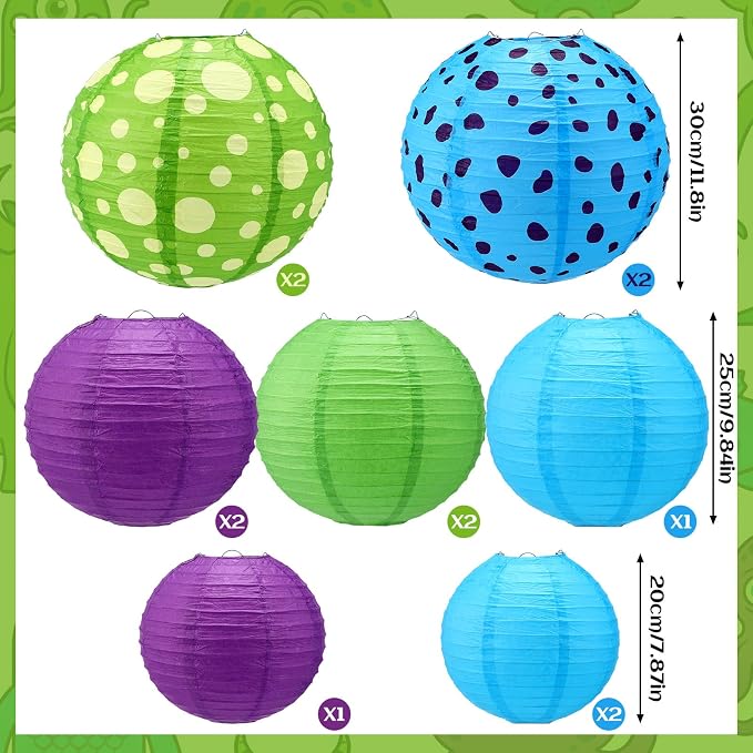 Weysat 12pcs Monster Theme Hanging Paper Lanterns Spot Monster Theme Blue Green and Purple Round Lantern Decorations Birthday Party Supplies for Birthday Party Shower Classroom Home Decor Supplies
