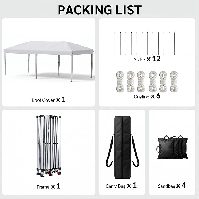 10x20 FT Portable Pop Up Canopy Tent with Sandbags, Adjustable Height Instant Gazebo Without Sidewalls,Waterproof Outdoor Canopy for Camping, Parties, Vendor Events (White, 3m × 6m Without sidewalls)