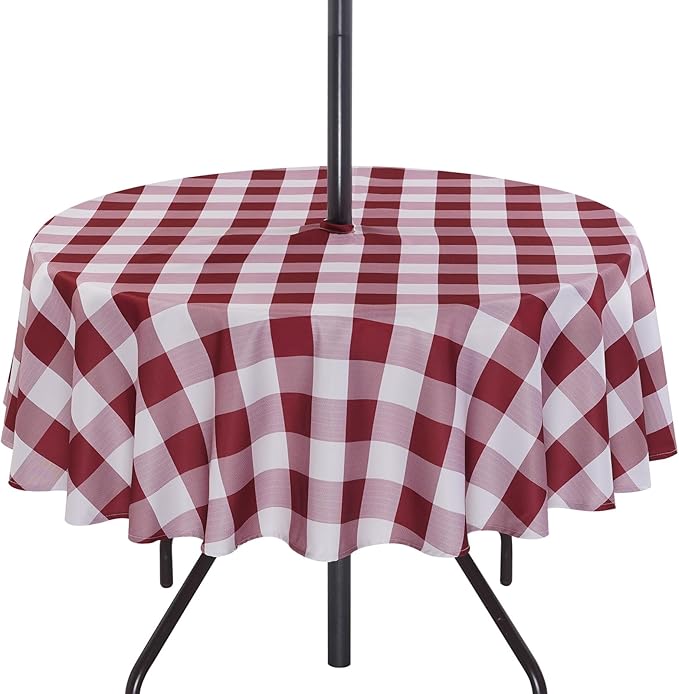 Poise3EHome Round Outdoor Tablecloth with Umbrella Hole and Zipper,Burgundy Gingham 60 Inch,SpillProof Washable Table Cloth for Spring Summer Patio Garden Poolside Picnic Camping BBQS