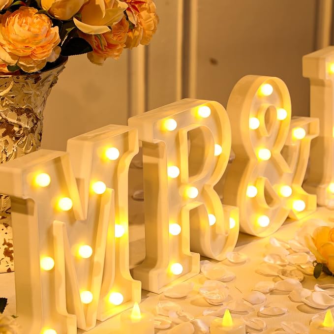 6 Pcs Mr and Mrs LED Light up Sign 8.4 in, 12 Flameless LED Candles 300 Artificial Rose Petals Neon Mr and Mrs Sign for Wedding Table Heart Romantic Candles Light up Letters for Romantic Decor(White)