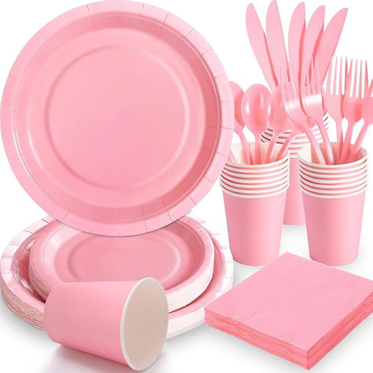168PCS Light Pink Paper Plates and Napkins,Pink Disposable Plates Set with Utensils Serve 24 Guests for Baby Shower Graduation Valentines Day Party Decorations Party Supplies
