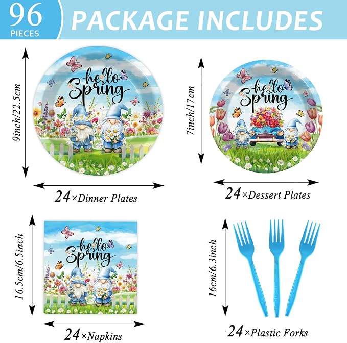 96Pcs Spring Party Supplies Hello Spring Paper Plates and Napkins Gnome Flower Butterfly Truck Tableware Disposable Dessert Dinnerware for Baby Shower Party for 24 Guests