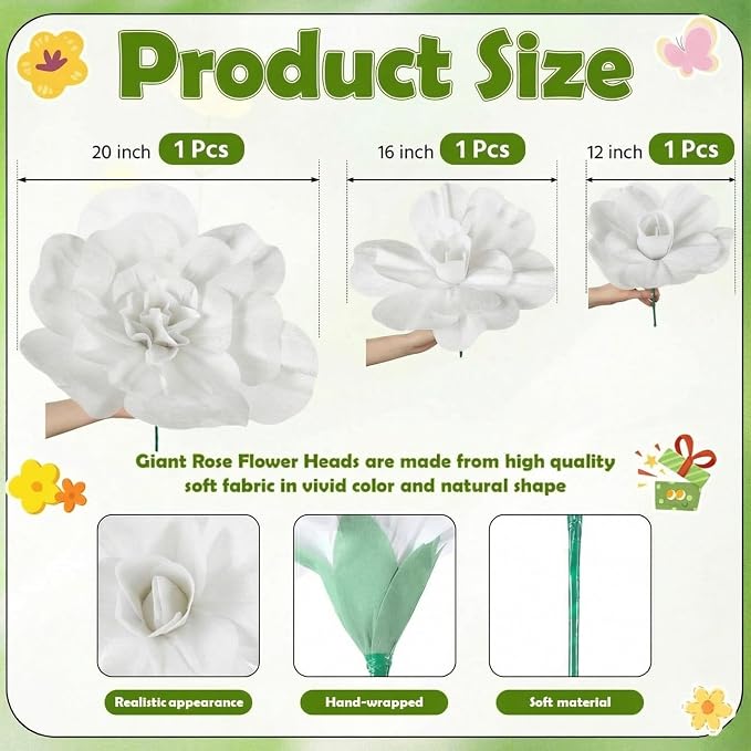 Norme 3 Pcs Wedding Artificial Giant White Velvet Rose 12, 16, 20 Inch Wedding Rose Petals Big Paper Flowers Giant Flower for Decorations Large White Flowers for Valentine, Home Decor, Anniversary